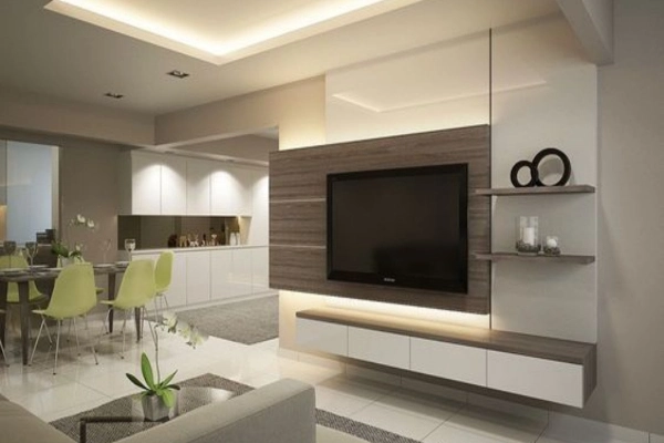 The TV in the center and opens shelves in Living room